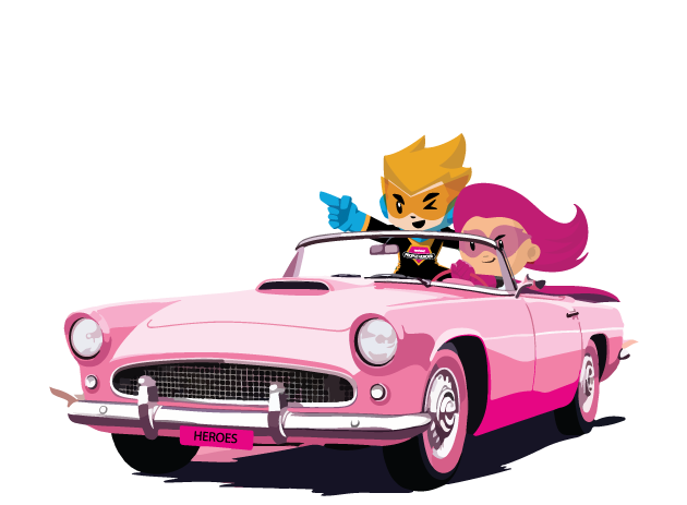 cartoon heroes in a car